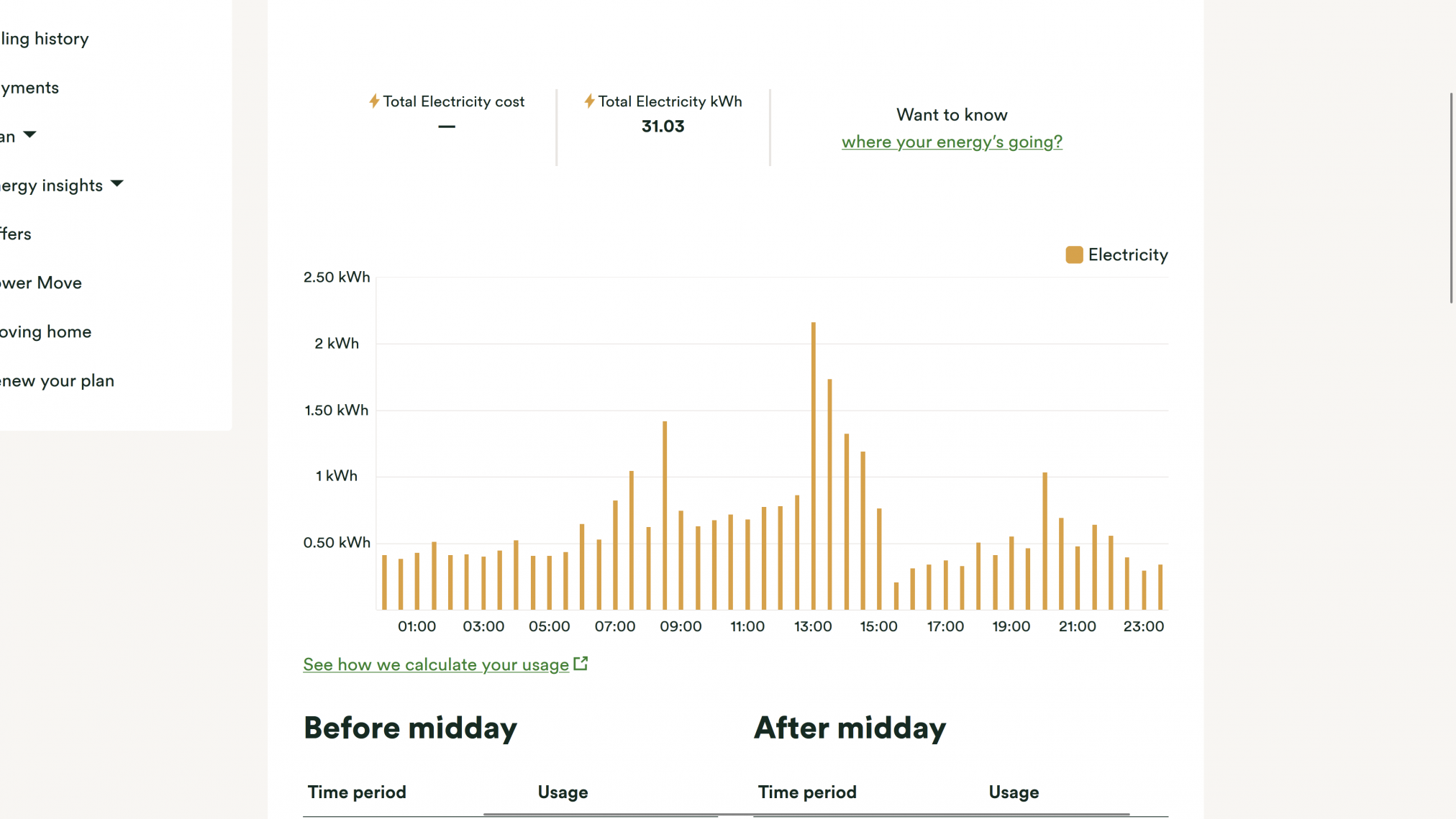 Our energy usage on a week day showing half hourly usage. The total used for heating, car charging, cooking, tea making, and domestic hot water was 31.03kWh. The peak draw was at 1pm.