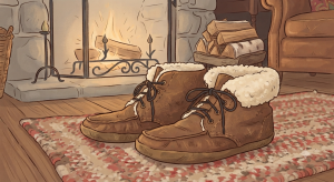 A cartoon image generated by Gemini of a pair of slippers on a rug next to a chair, in front of a log fire.
