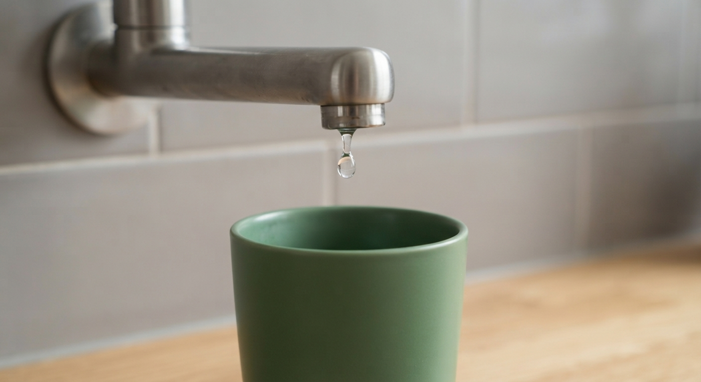 A drop of water hanging on a tap about to be caught by a mug,